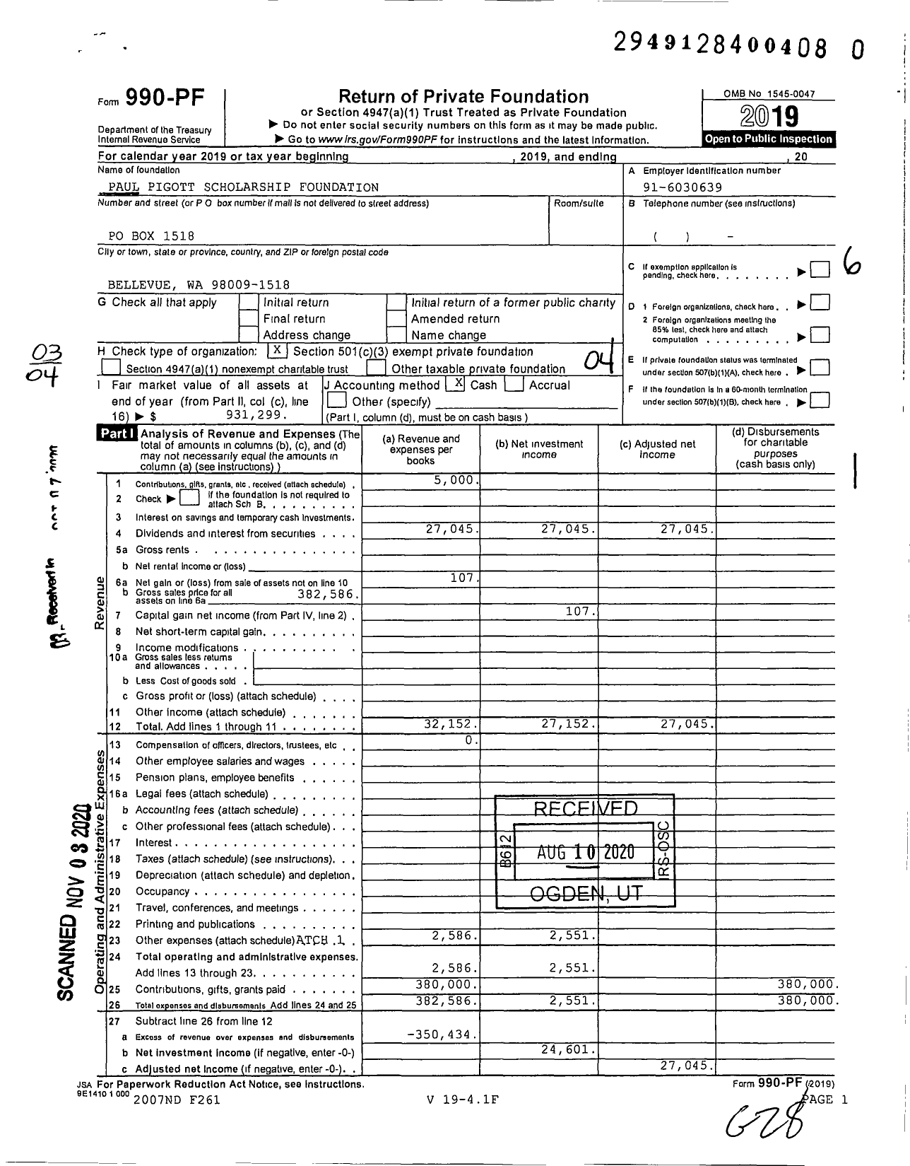 Image of first page of 2019 Form 990PF for Paul Pigott Scholarship Foundation