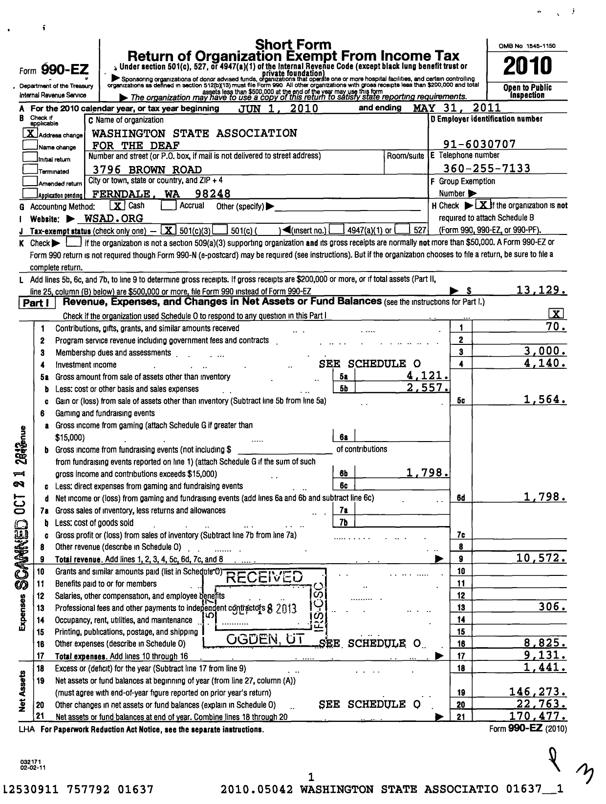 Image of first page of 2010 Form 990EZ for Washington State Association of the Deaf