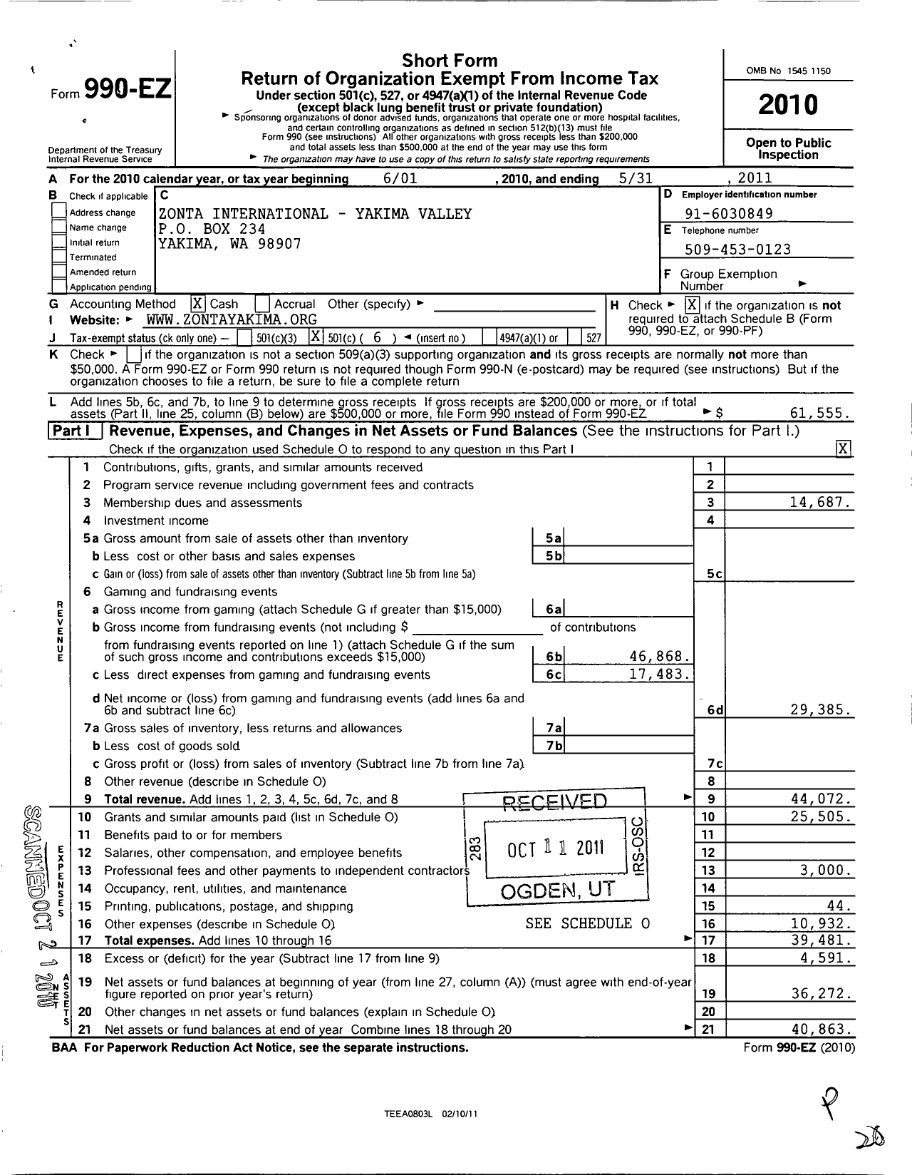 Image of first page of 2010 Form 990EO for Zonta International / Yakima Valley