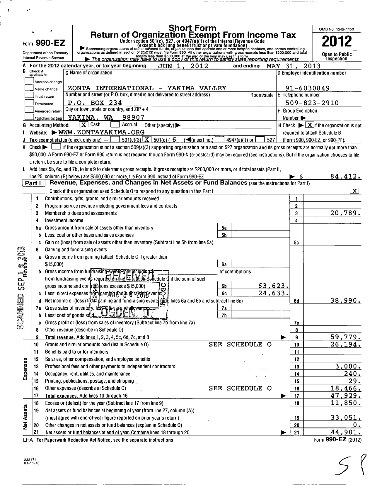 Image of first page of 2012 Form 990EO for Zonta International / Yakima Valley