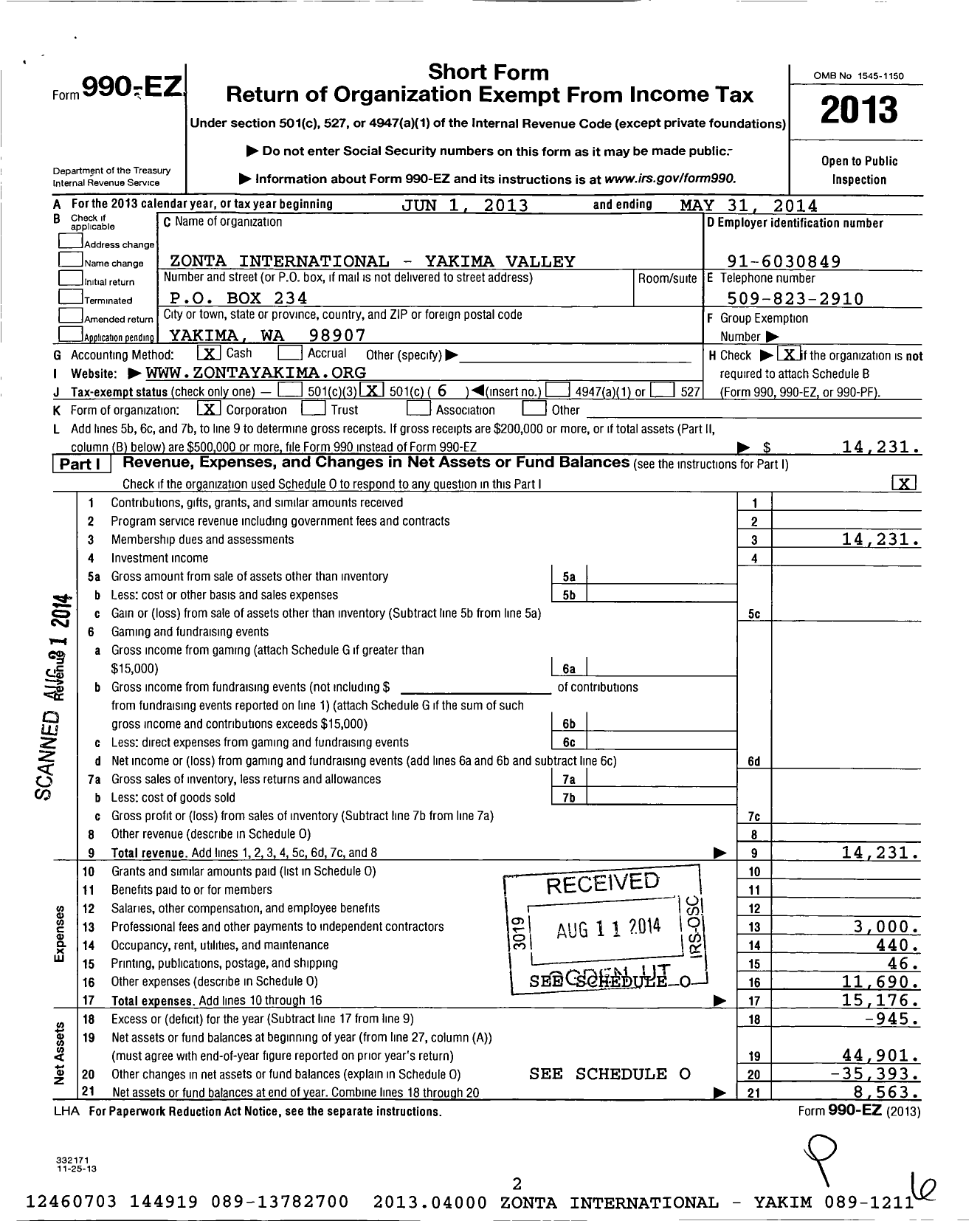 Image of first page of 2013 Form 990EO for Zonta International / Yakima Valley