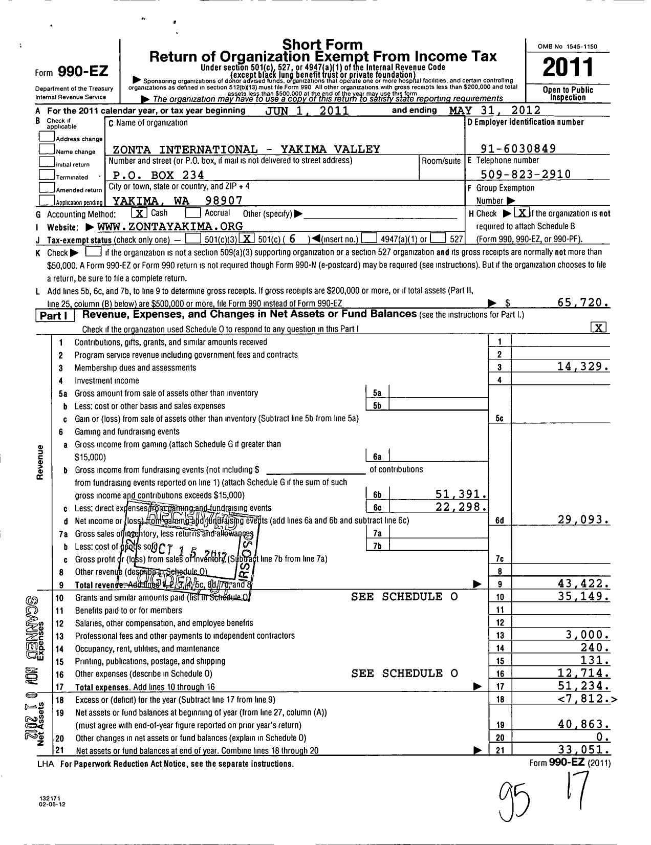 Image of first page of 2011 Form 990EO for Zonta International / Yakima Valley