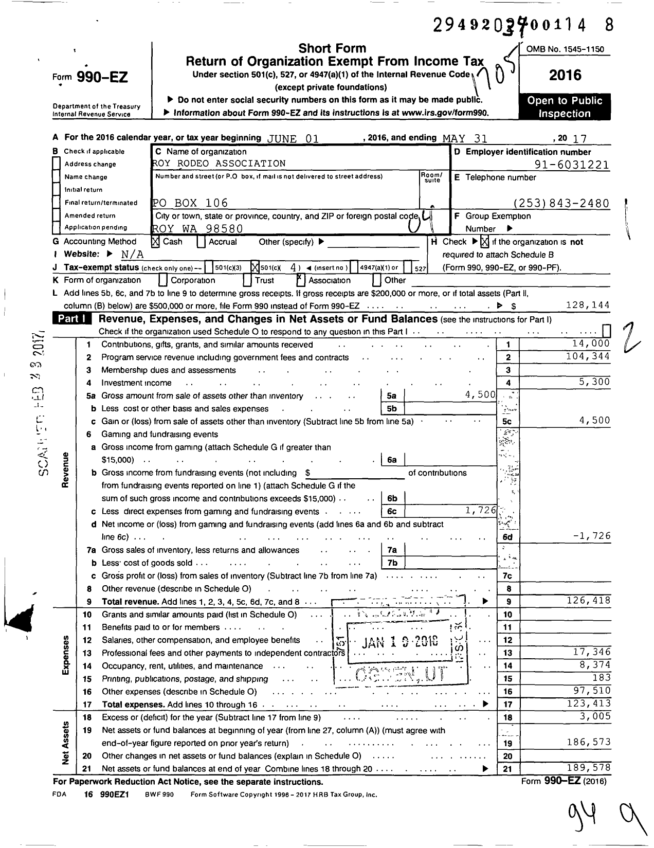 Image of first page of 2016 Form 990EO for Roy Rodeo Association