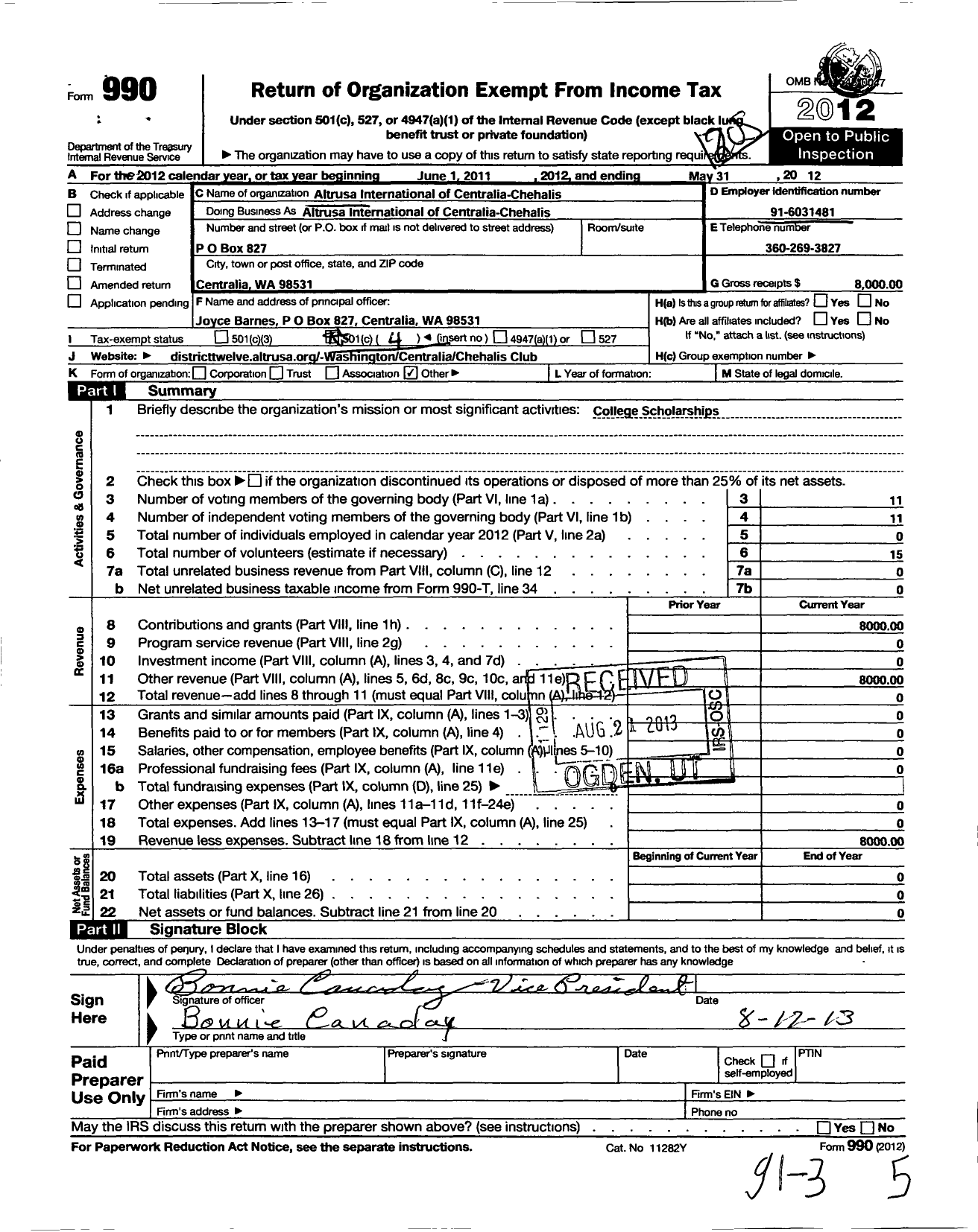 Image of first page of 2011 Form 990O for Altrusa International / Centralia-Chehalis