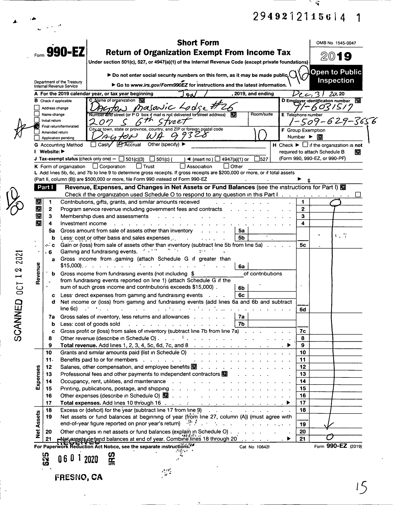 Image of first page of 2019 Form 990EO for Free and Accepted Masons of Washington - 26 Dayton