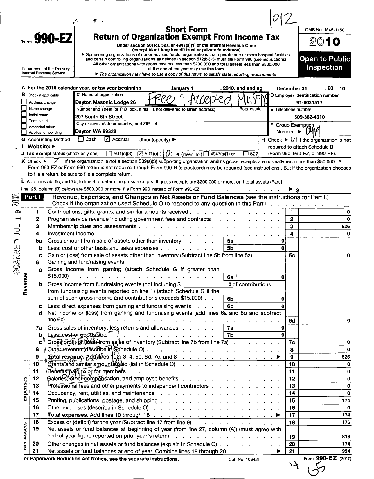 Image of first page of 2010 Form 990EO for Free and Accepted Masons of Washington - 26 Dayton