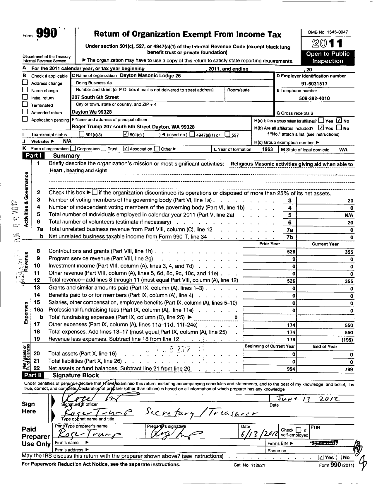 Image of first page of 2011 Form 990O for Free and Accepted Masons of Washington - 26 Dayton