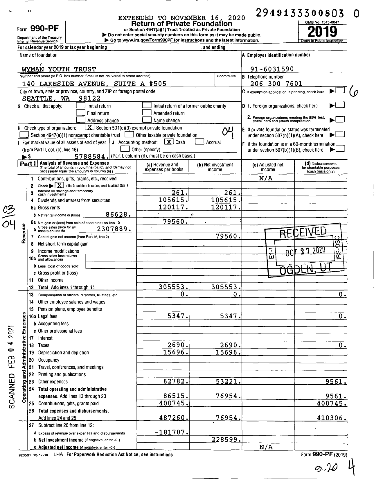 Image of first page of 2019 Form 990PF for Wyman Youth Trust