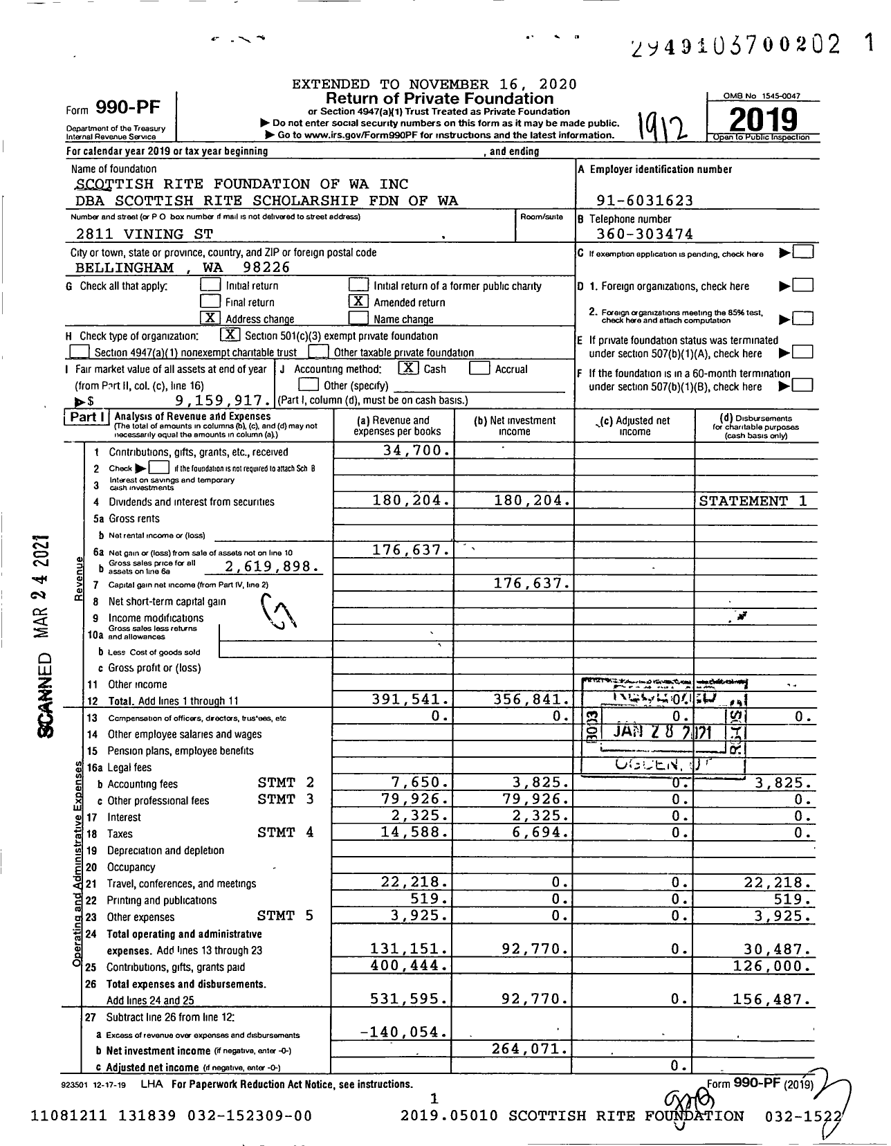 Image of first page of 2019 Form 990PF for Scottish Rite Scholarship Foundation of Wa