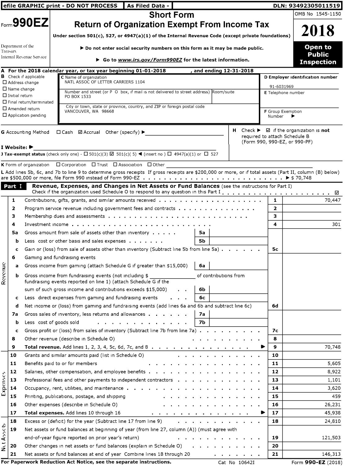 Image of first page of 2018 Form 990EO for National Association of Letter Carriers - 1104 Vancouver Washington