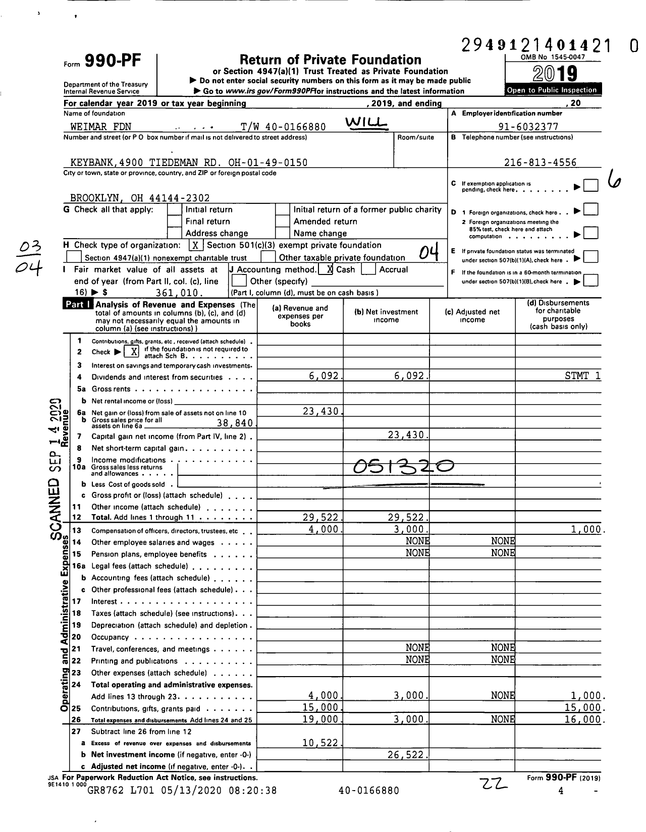 Image of first page of 2019 Form 990PR for William Weimar Foundation