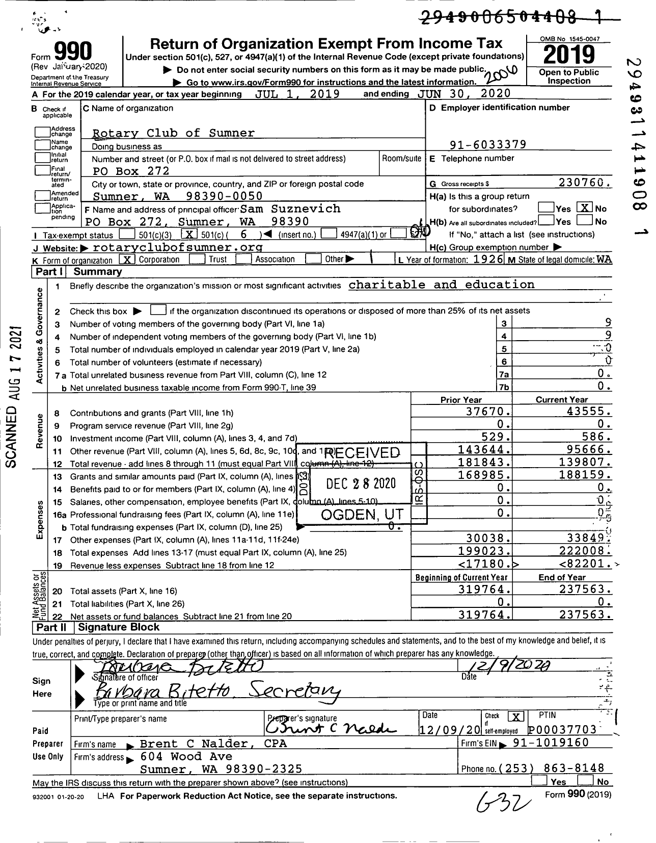 Image of first page of 2019 Form 990O for Rotary International - Sumner Rotary Club