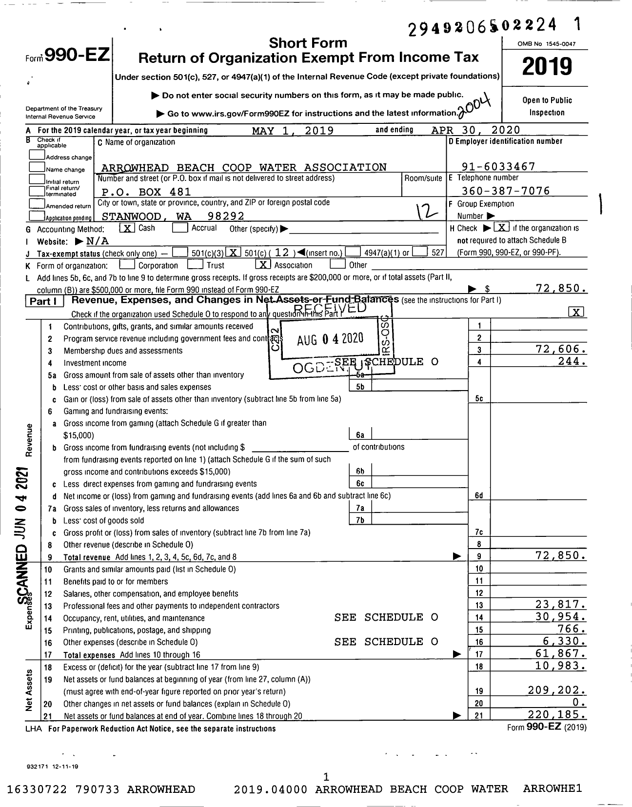 Image of first page of 2019 Form 990EO for Arrowhead Beach Coop Water Association