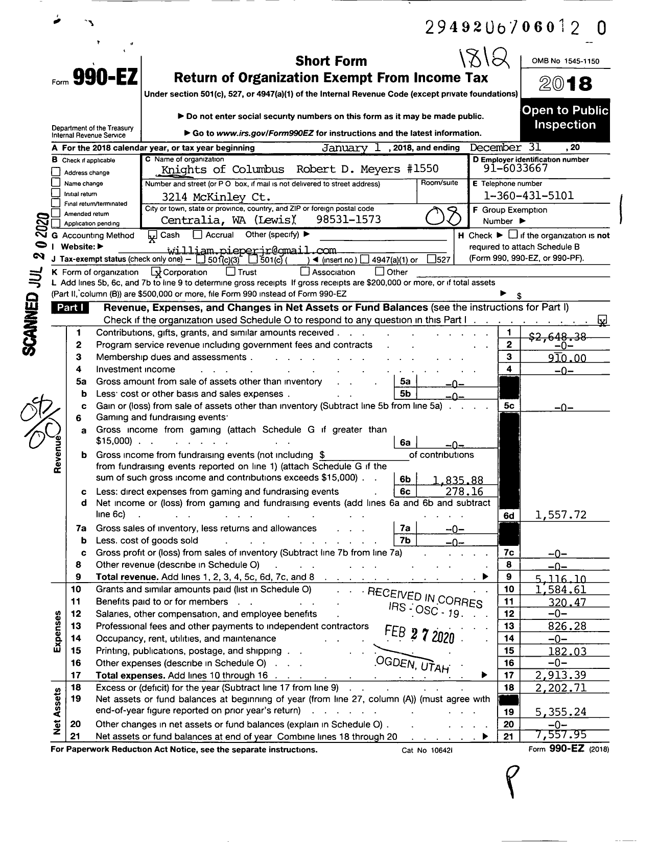 Image of first page of 2018 Form 990EO for Knights of Columbus - 1550 Robert D Meyers Council