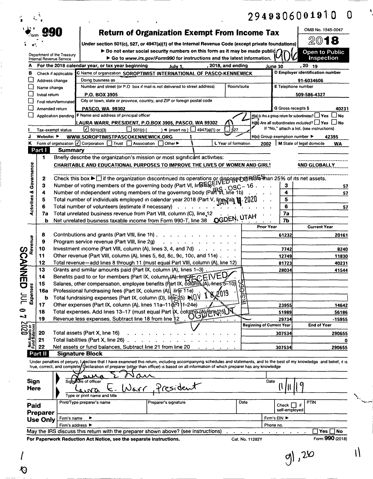 Image of first page of 2018 Form 990 for Soroptimist International of the Americas - 111312 Pasco-Kennewick Wa