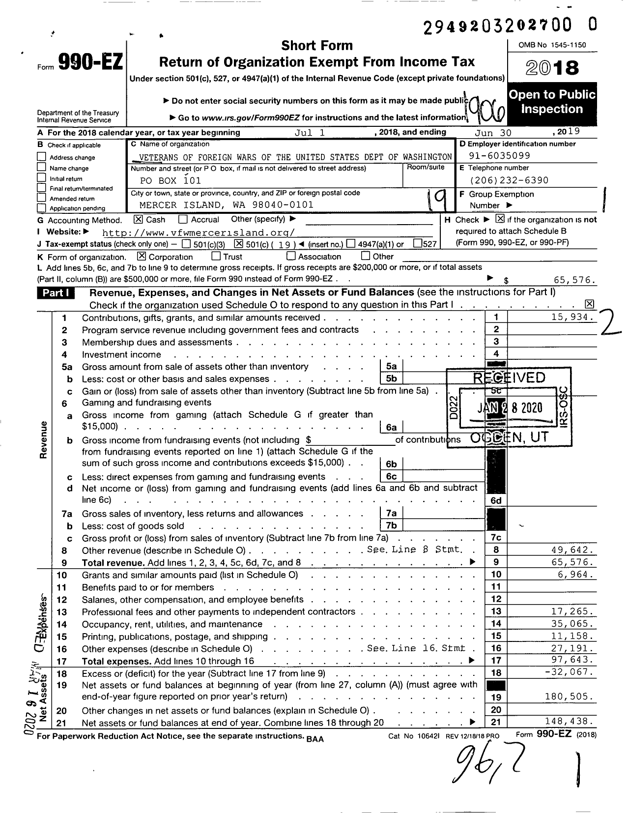 Image of first page of 2018 Form 990EO for VFW Department of Washington - 5760 Mercer Island