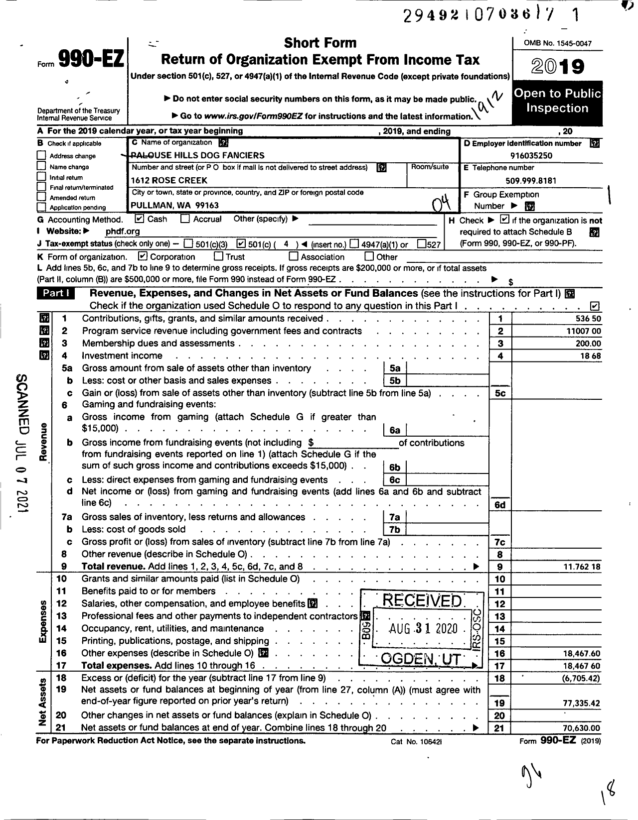 Image of first page of 2019 Form 990EO for The Palouse Hills Dog Fanciers