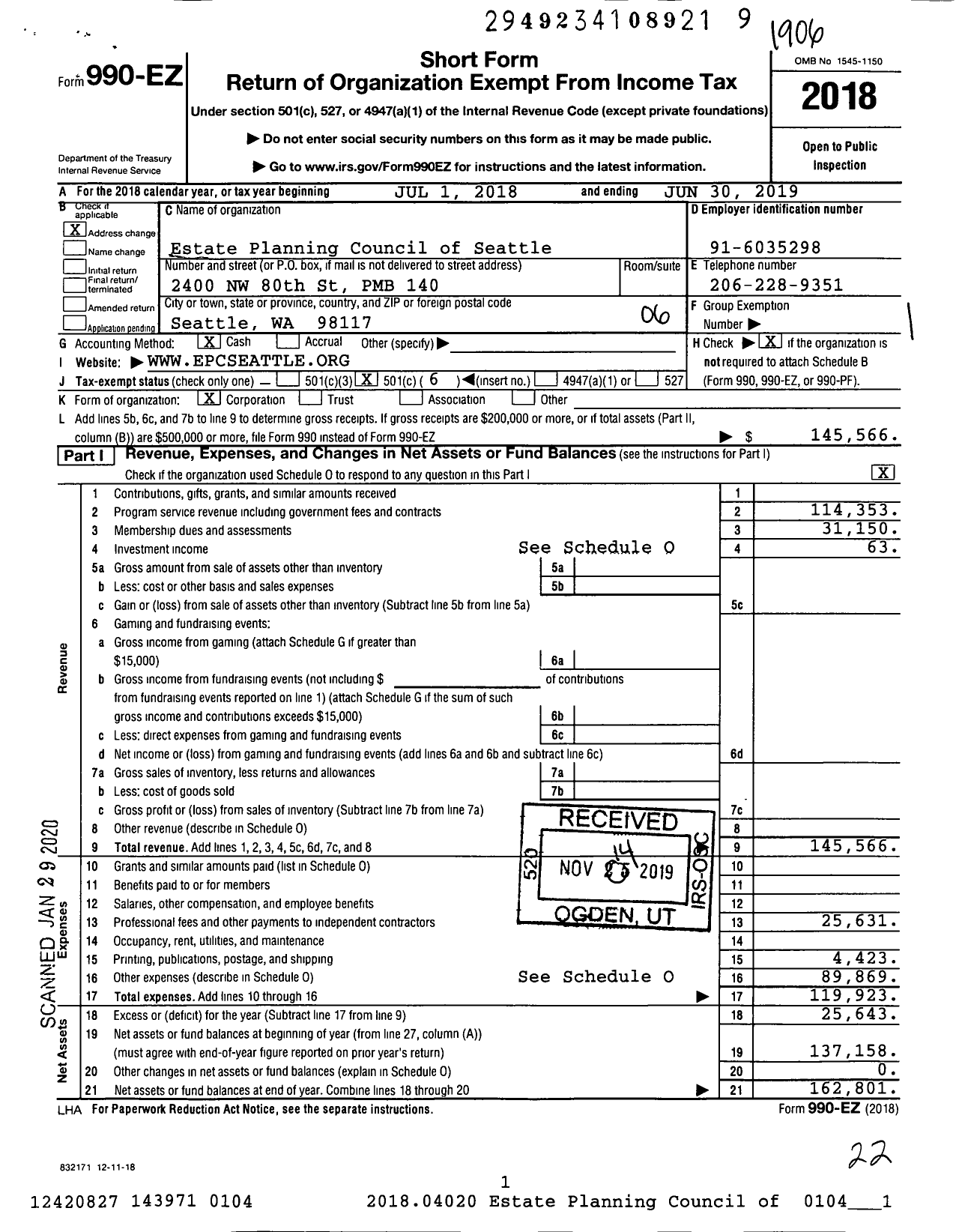 Image of first page of 2018 Form 990EO for Estate Planning Council of Seattle