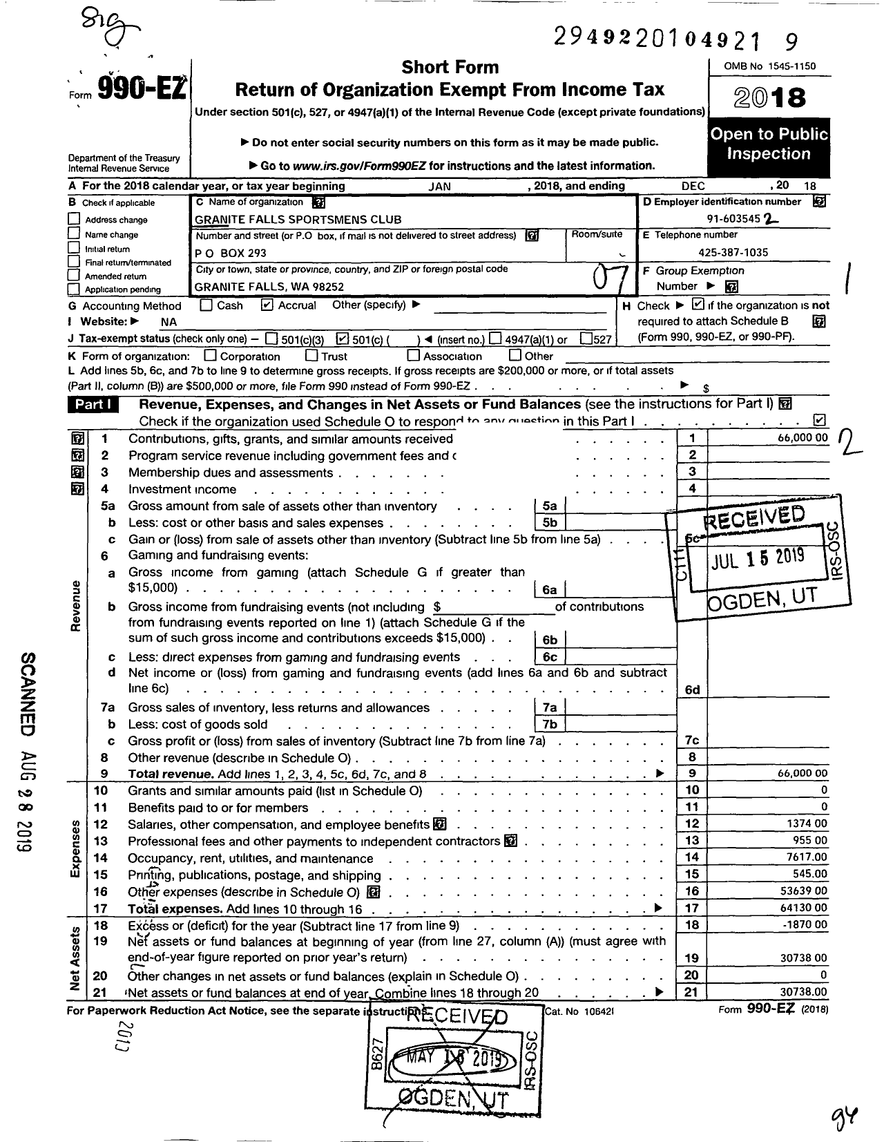 Image of first page of 2018 Form 990EO for Granite Falls Sportsmen's Club