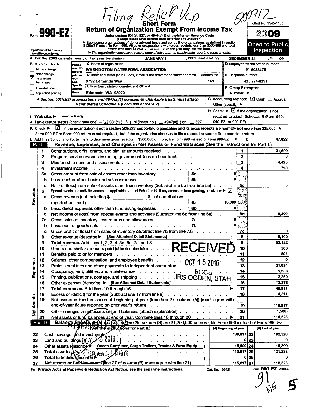 Image of first page of 2009 Form 990EZ for Washington Waterfowl Association