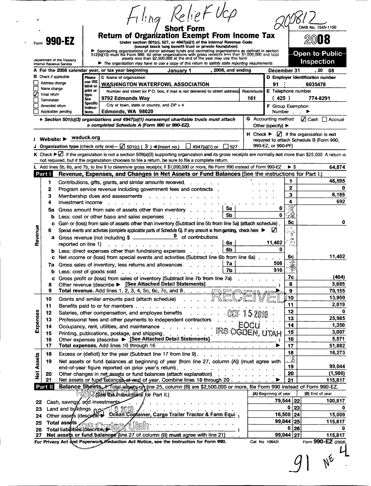 Image of first page of 2008 Form 990EZ for Washington Waterfowl Association