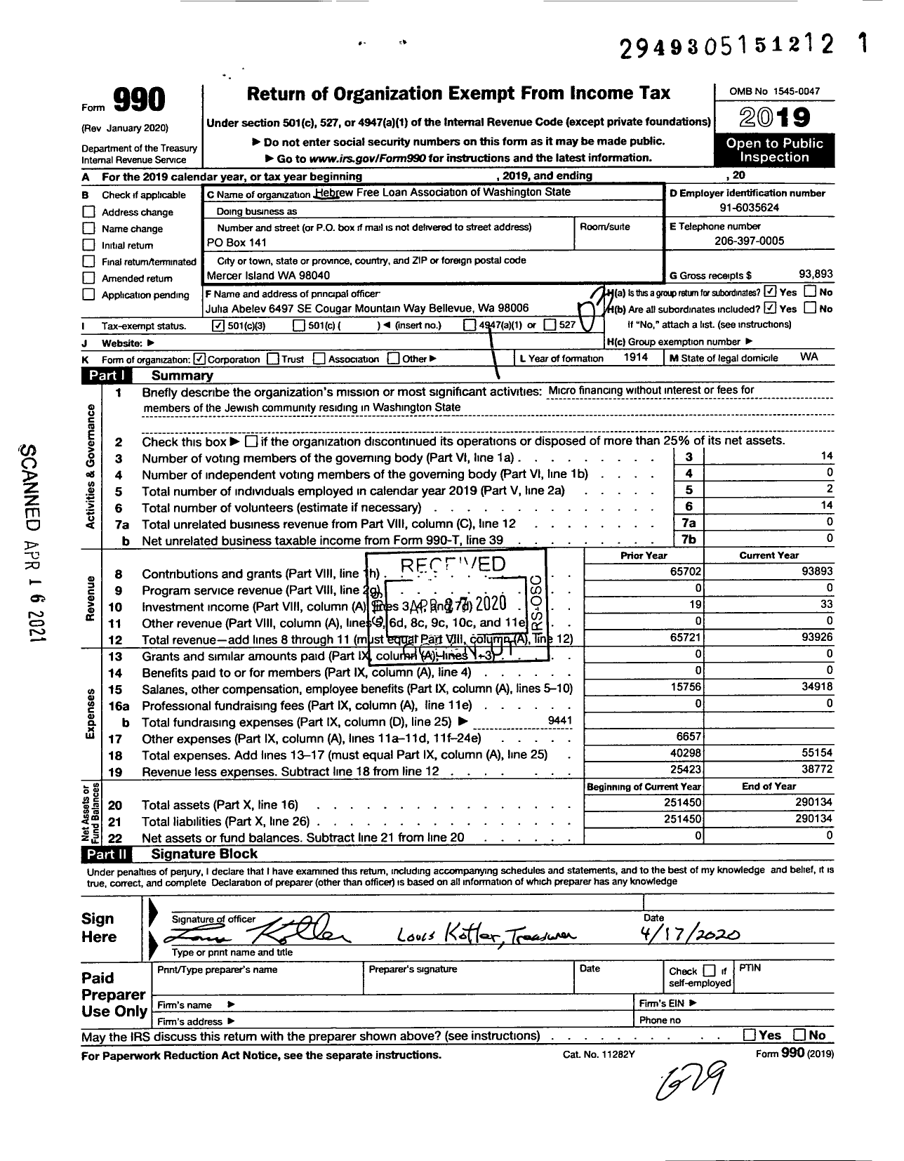 Image of first page of 2019 Form 990 for Hebrew Free Loan Association of Washington State