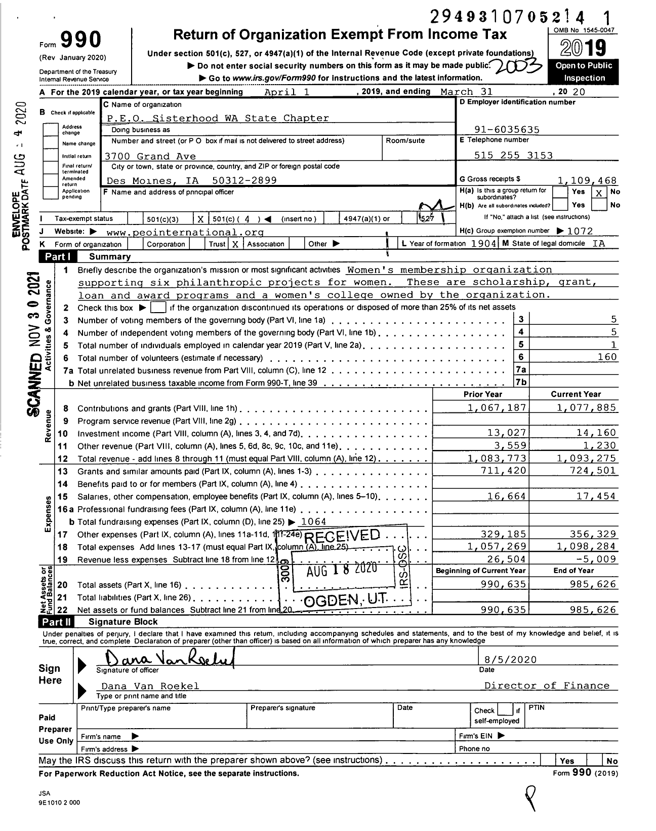 Image of first page of 2019 Form 990O for PEO Sisterhood International - 91 WA State Chapter