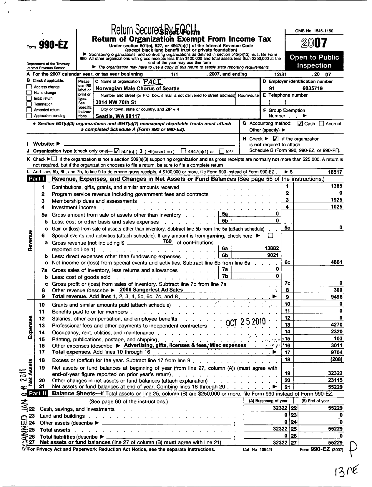 Image of first page of 2007 Form 990EZ for Pacific Coast Norwegian Singers Association / Norwegian Male Chorus of Seattle