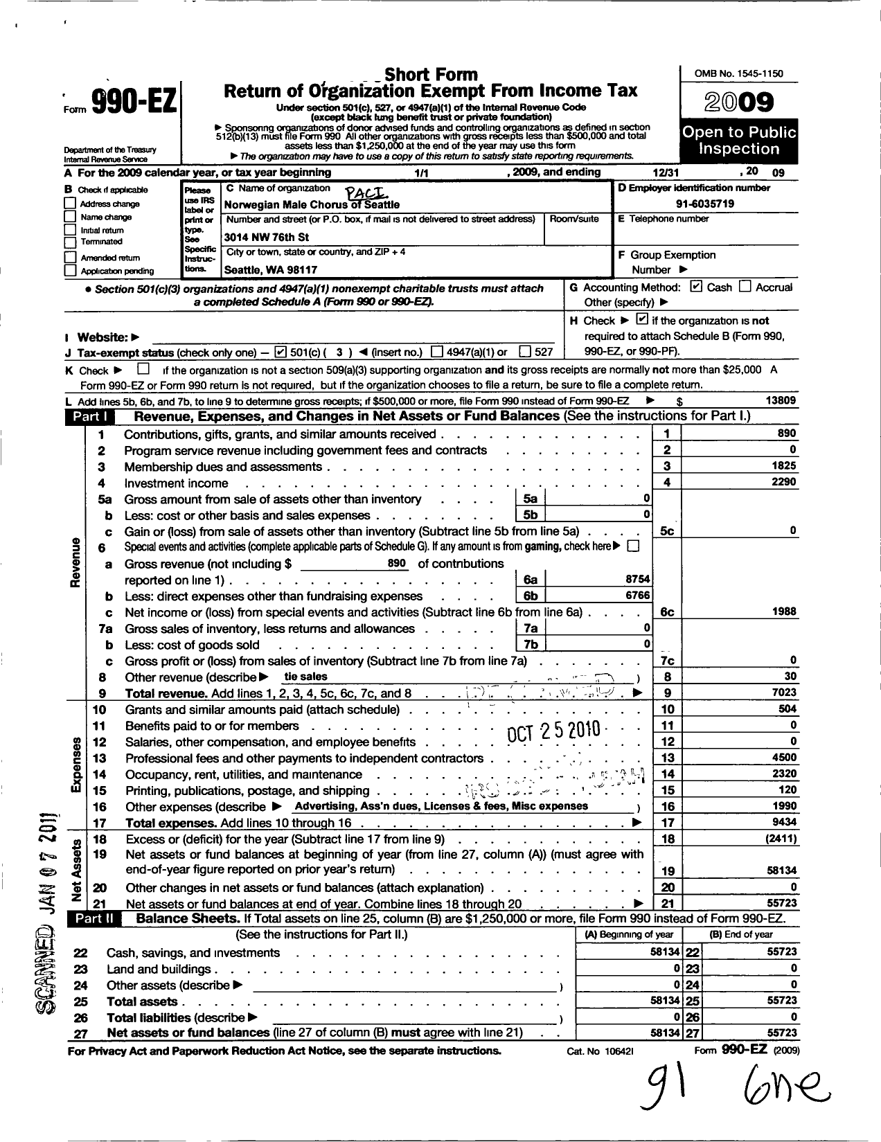 Image of first page of 2009 Form 990EZ for Pacific Coast Norwegian Singers Association / Norwegian Male Chorus of Seattle