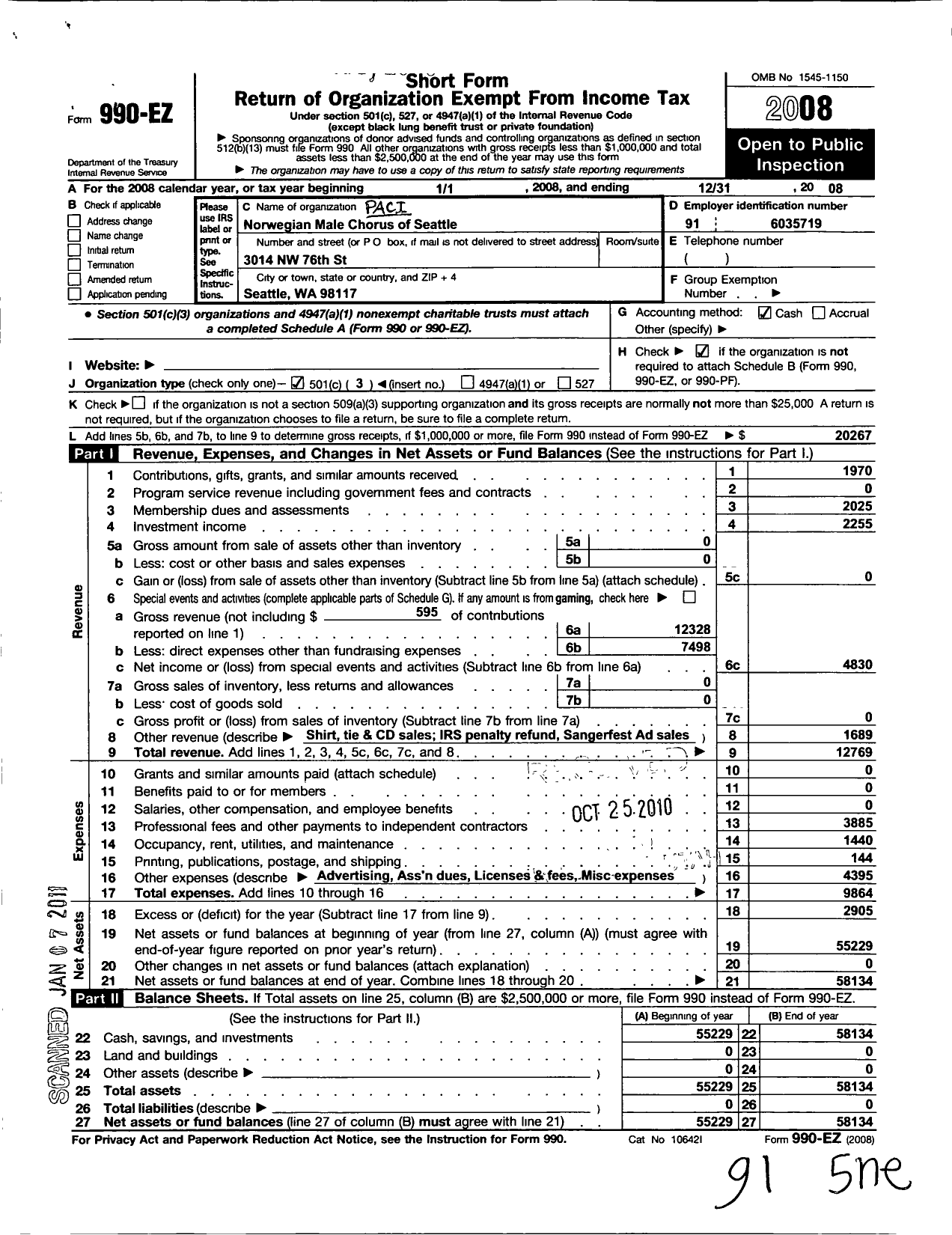 Image of first page of 2008 Form 990EZ for Pacific Coast Norwegian Singers Association / Norwegian Male Chorus of Seattle