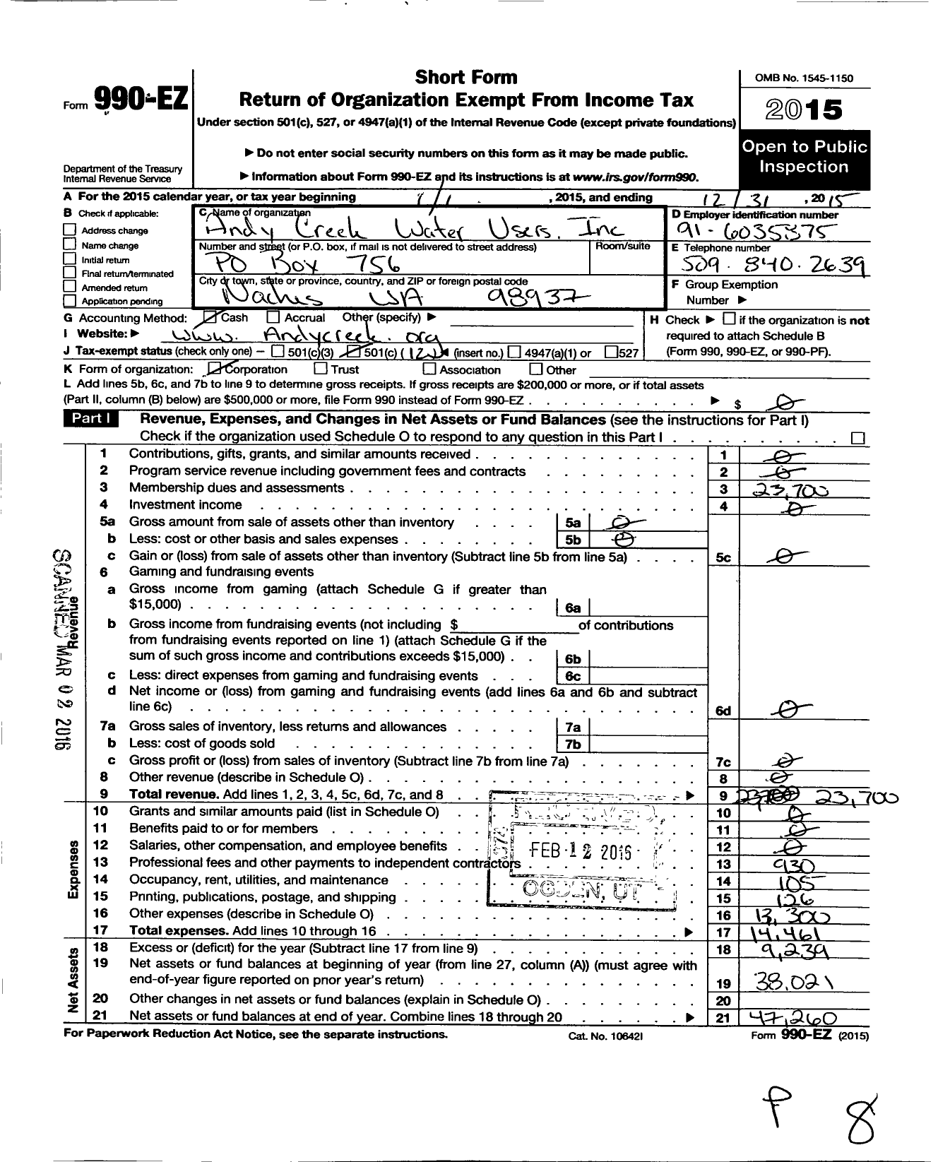 Image of first page of 2015 Form 990EO for Andy Creek Water Users