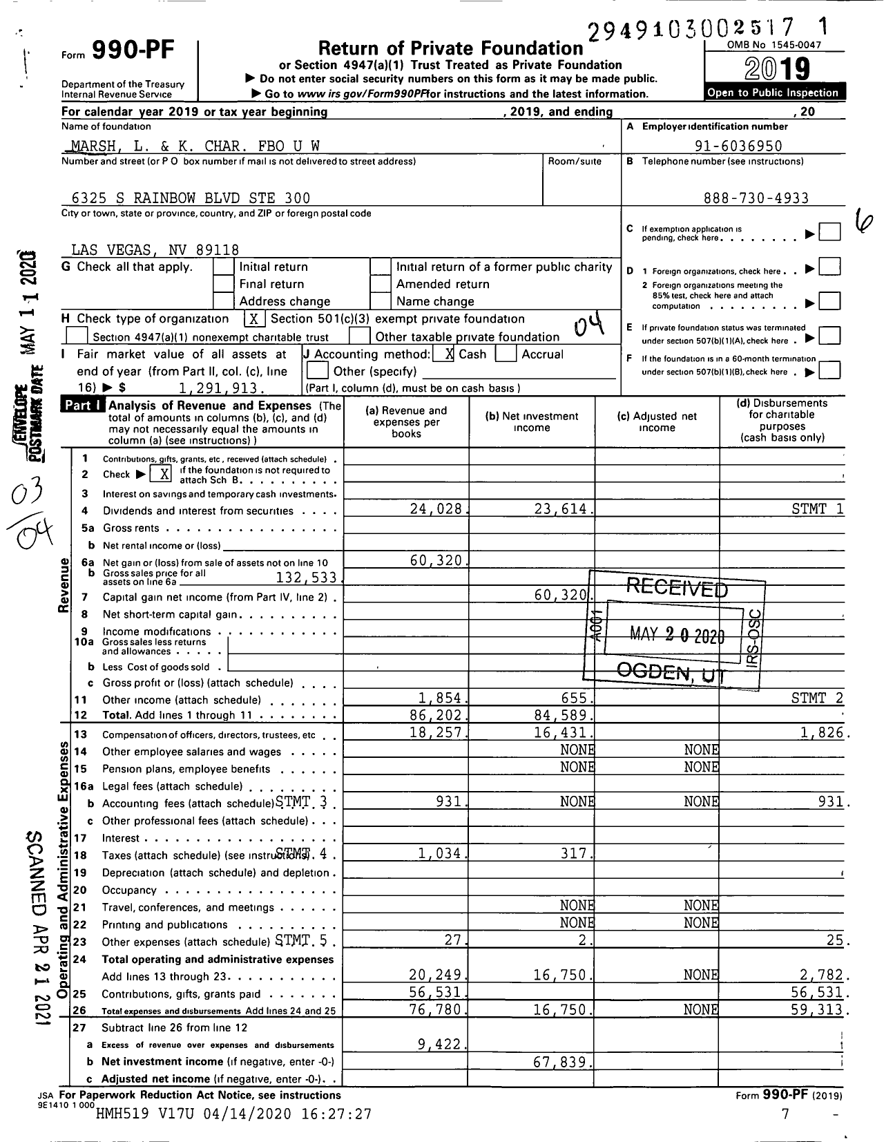 Image of first page of 2019 Form 990PF for Marsh L and K Char Fbo U W Main