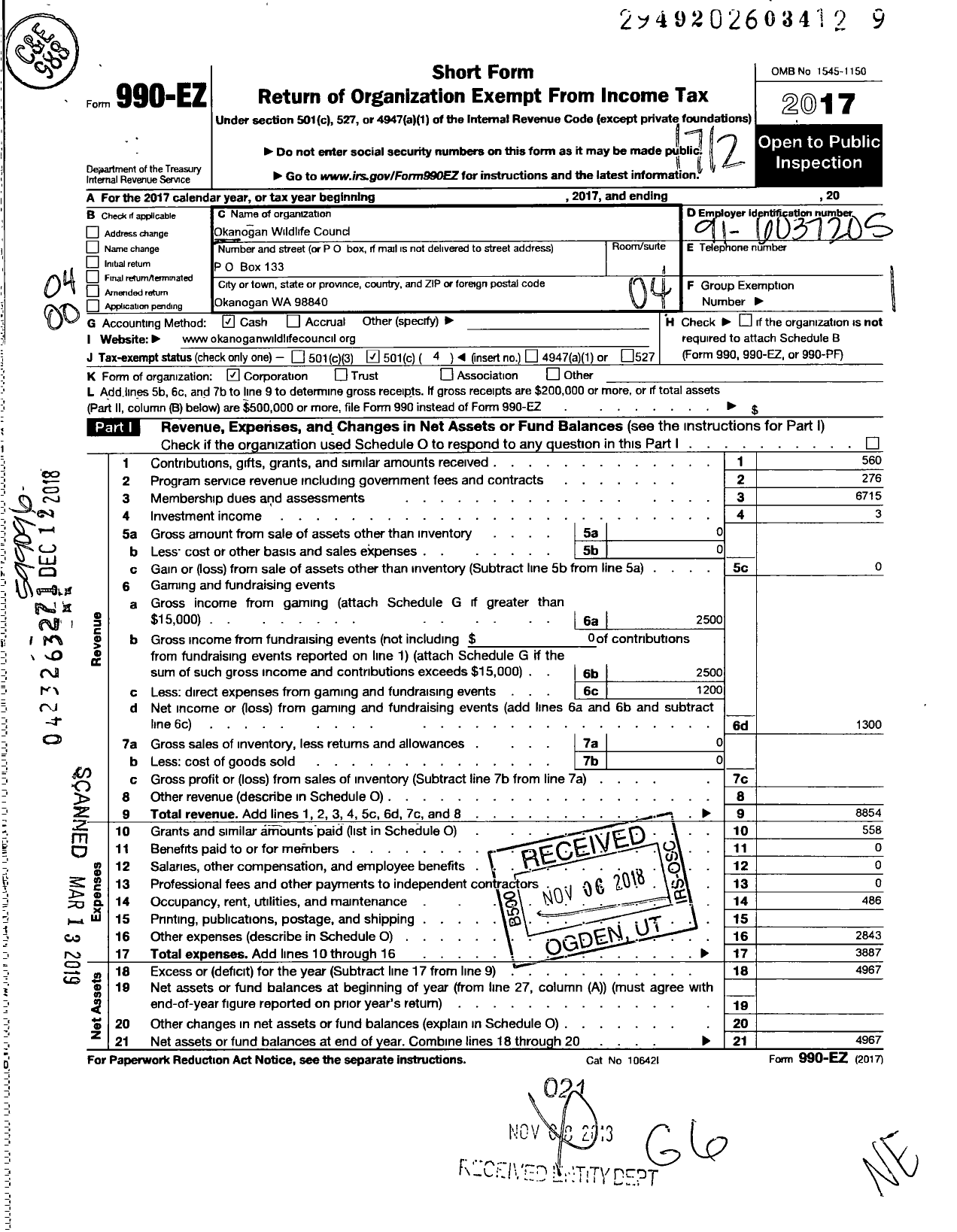 Image of first page of 2017 Form 990EO for Okanogan Wildlife Council