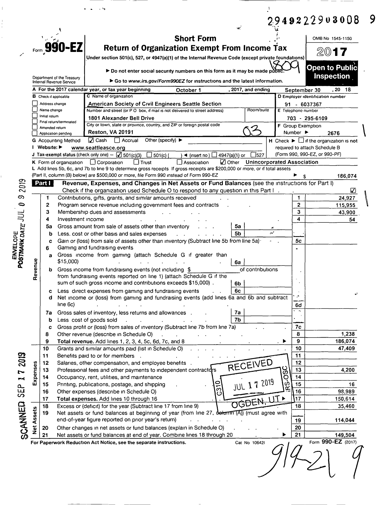 Image of first page of 2017 Form 990EZ for AMERICAN SOCIETY OF CIVIL ENGINEERS Seattle Section