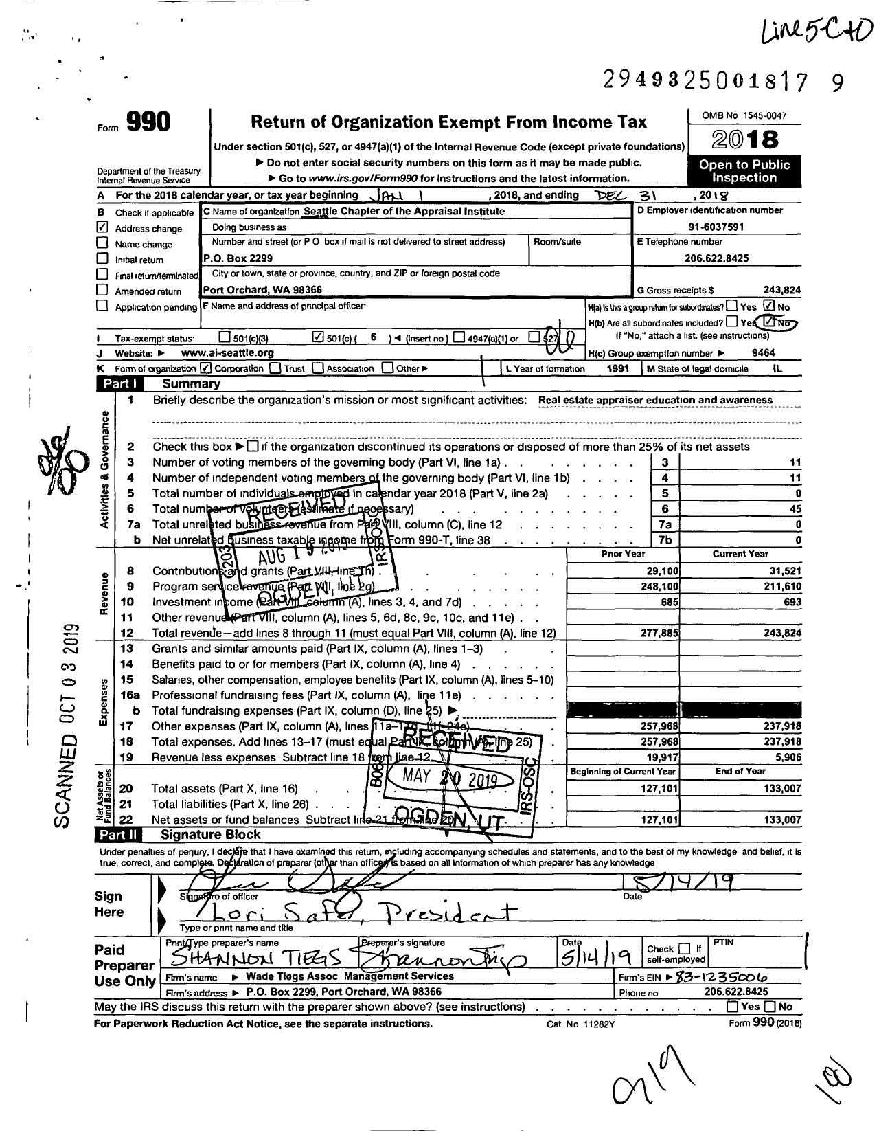 Image of first page of 2018 Form 990O for Seattle Chapter of the Appraisal Institute