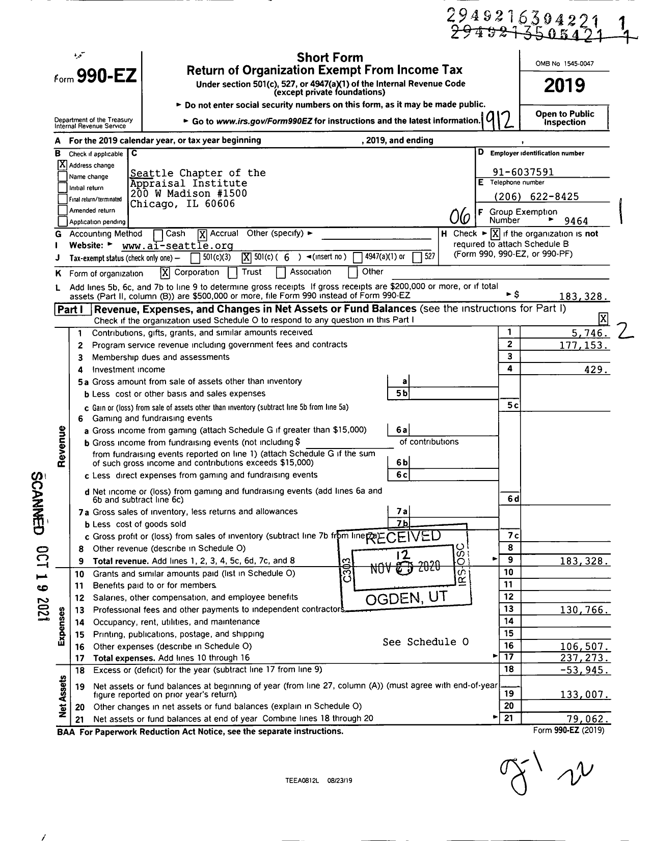 Image of first page of 2019 Form 990EO for Seattle Chapter of the Appraisal Institute