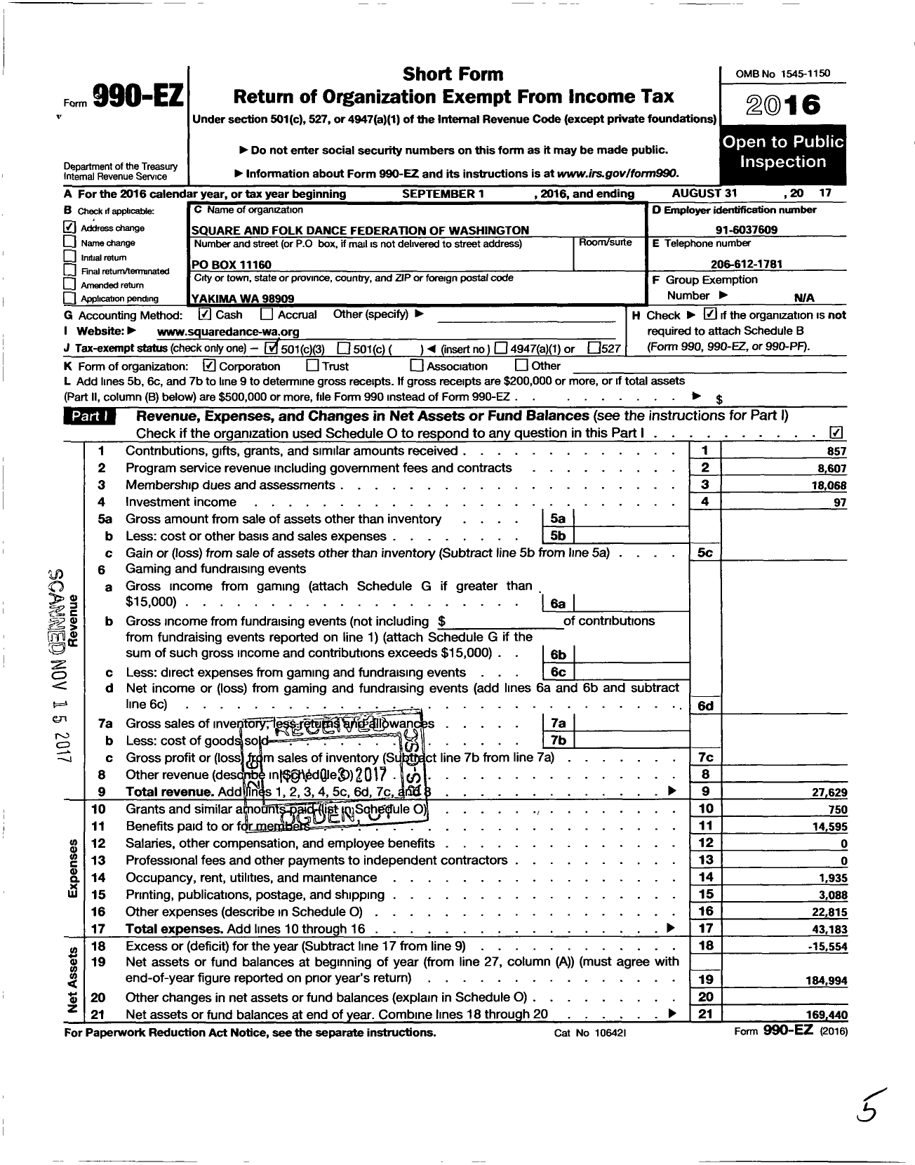 Image of first page of 2016 Form 990EZ for Square and Folk Dance Federation of Washington