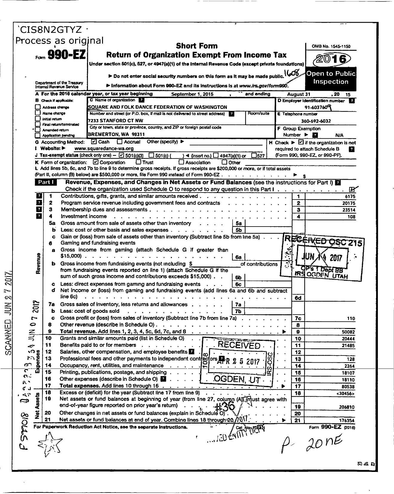 Image of first page of 2015 Form 990EZ for Square and Folk Dance Federation of Washington