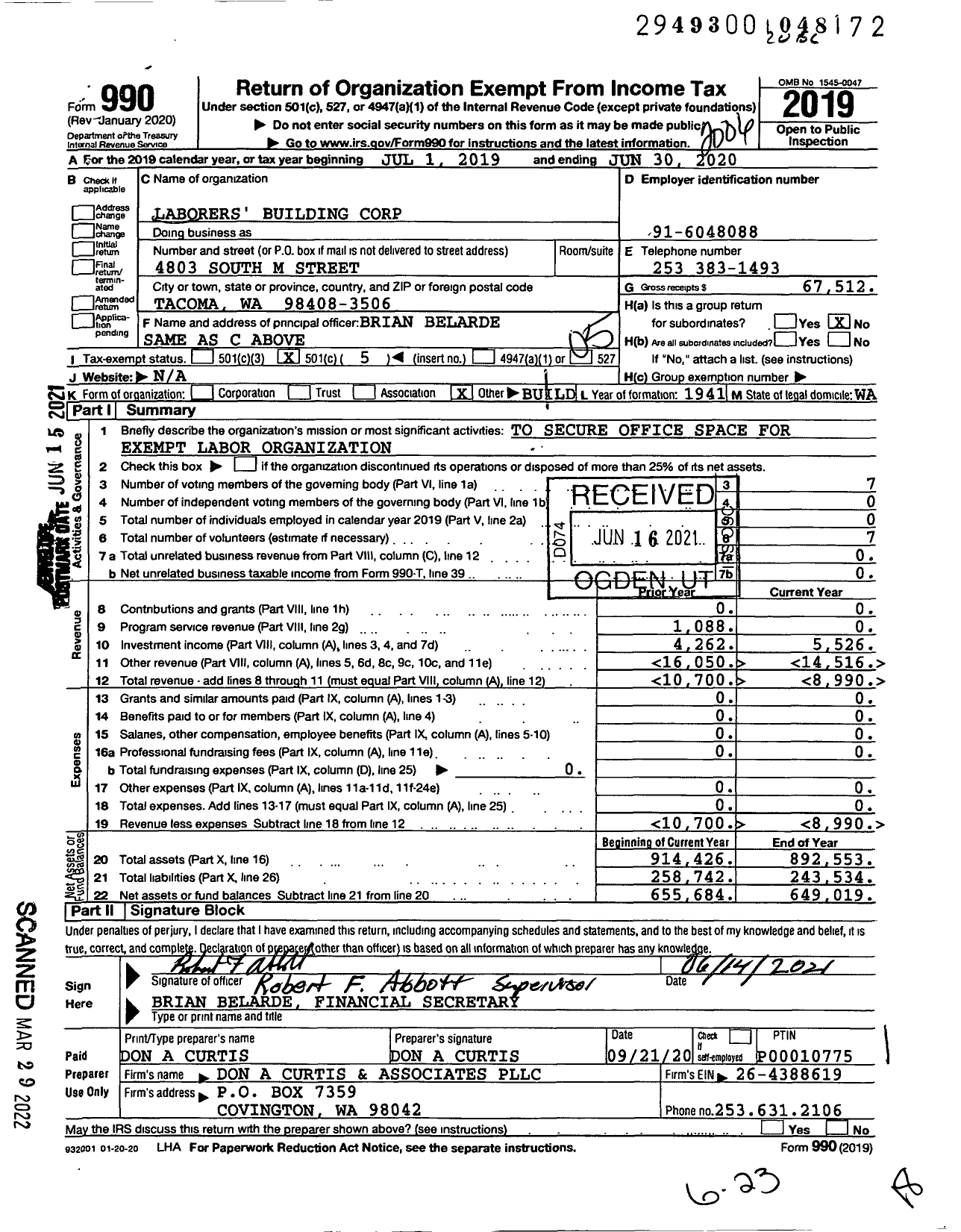 Image of first page of 2019 Form 990O for Laborers' Building Corporation