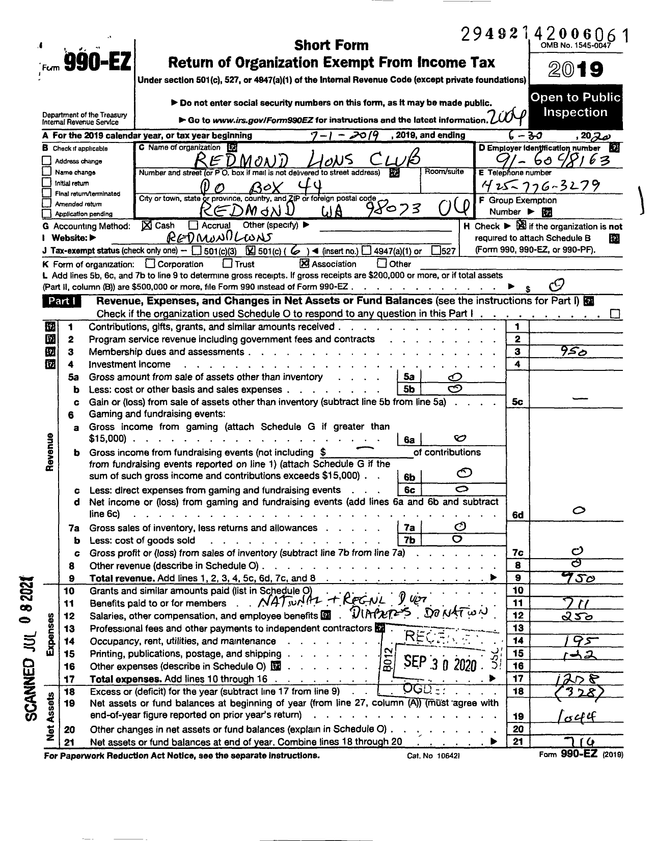 Image of first page of 2019 Form 990EO for Lions Clubs - 7648 Redmond