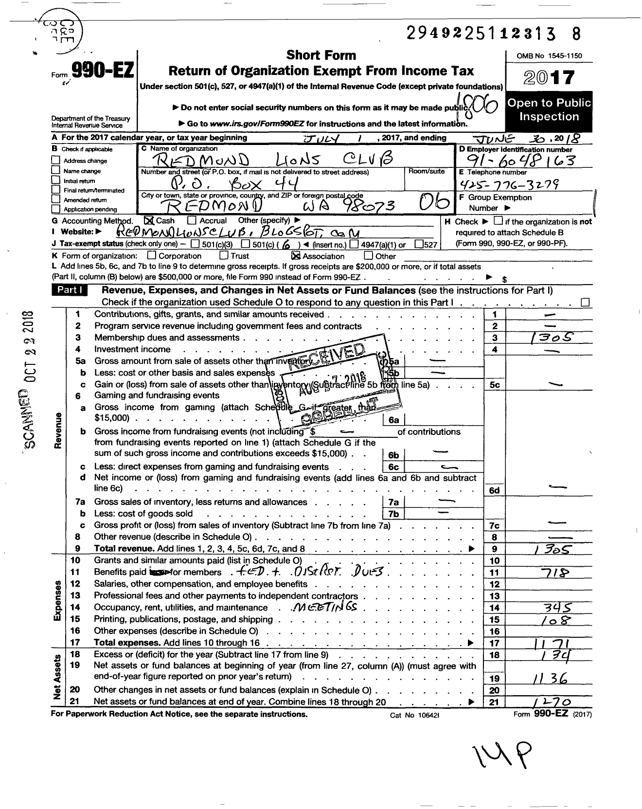 Image of first page of 2017 Form 990EO for Lions Clubs - 7648 Redmond