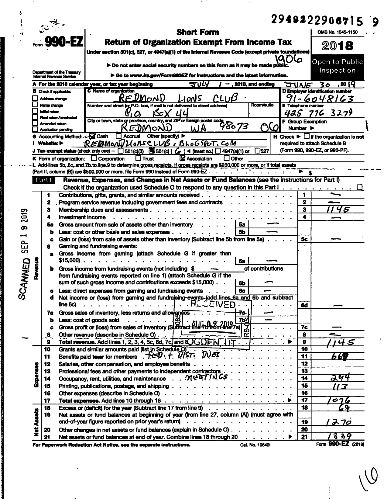 Image of first page of 2018 Form 990EO for Lions Clubs - 7648 Redmond