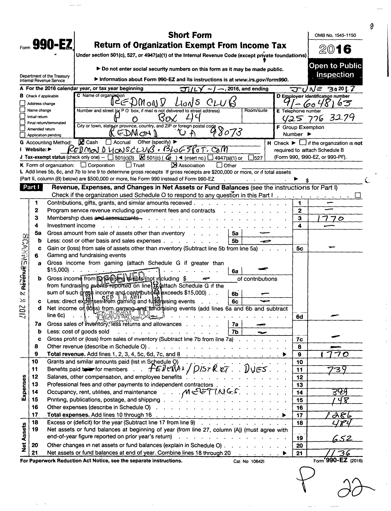 Image of first page of 2016 Form 990EO for Lions Clubs - 7648 Redmond