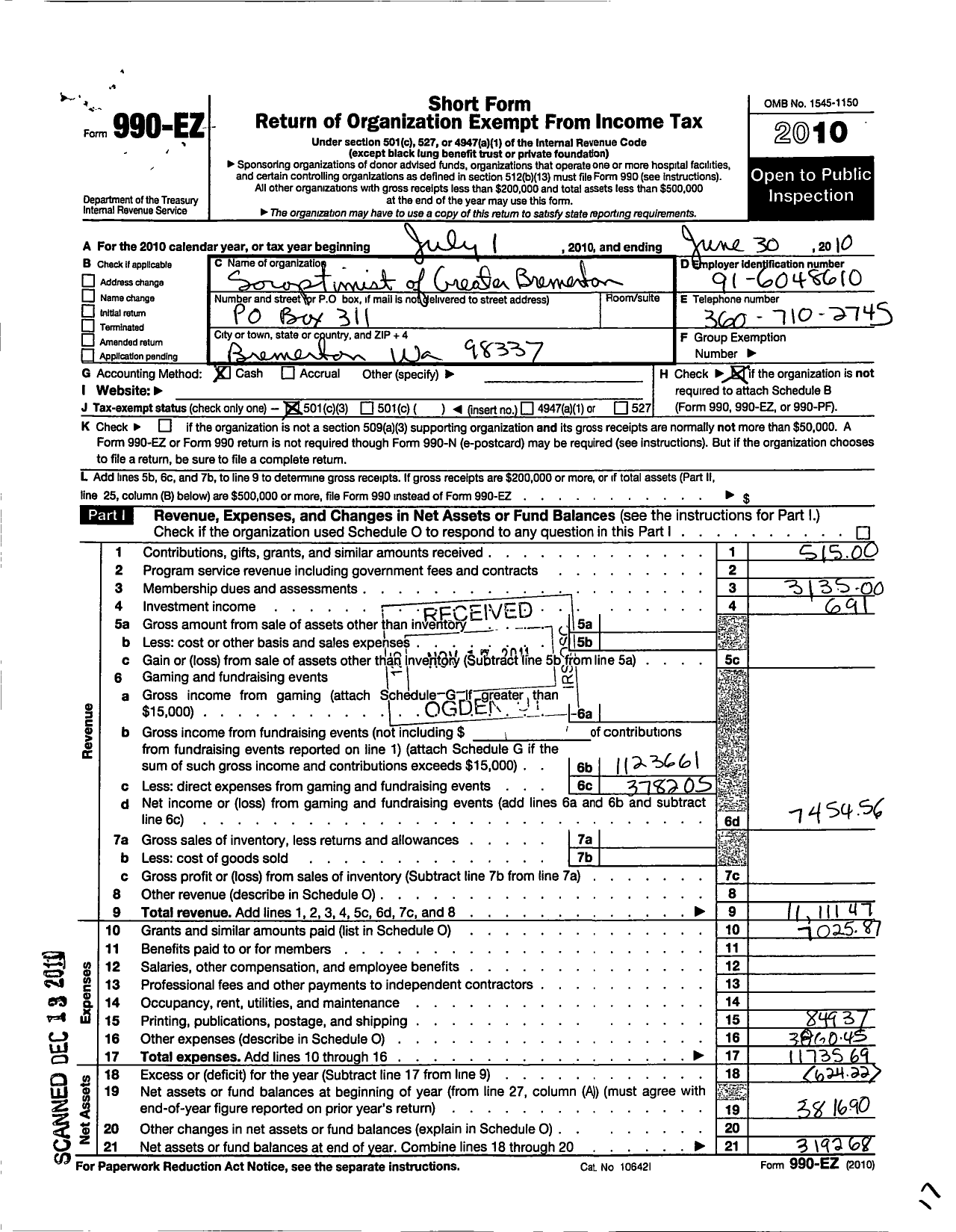 Image of first page of 2009 Form 990EZ for Soroptimist International of the Americas - 111106 Greater Bremerton Area Wa