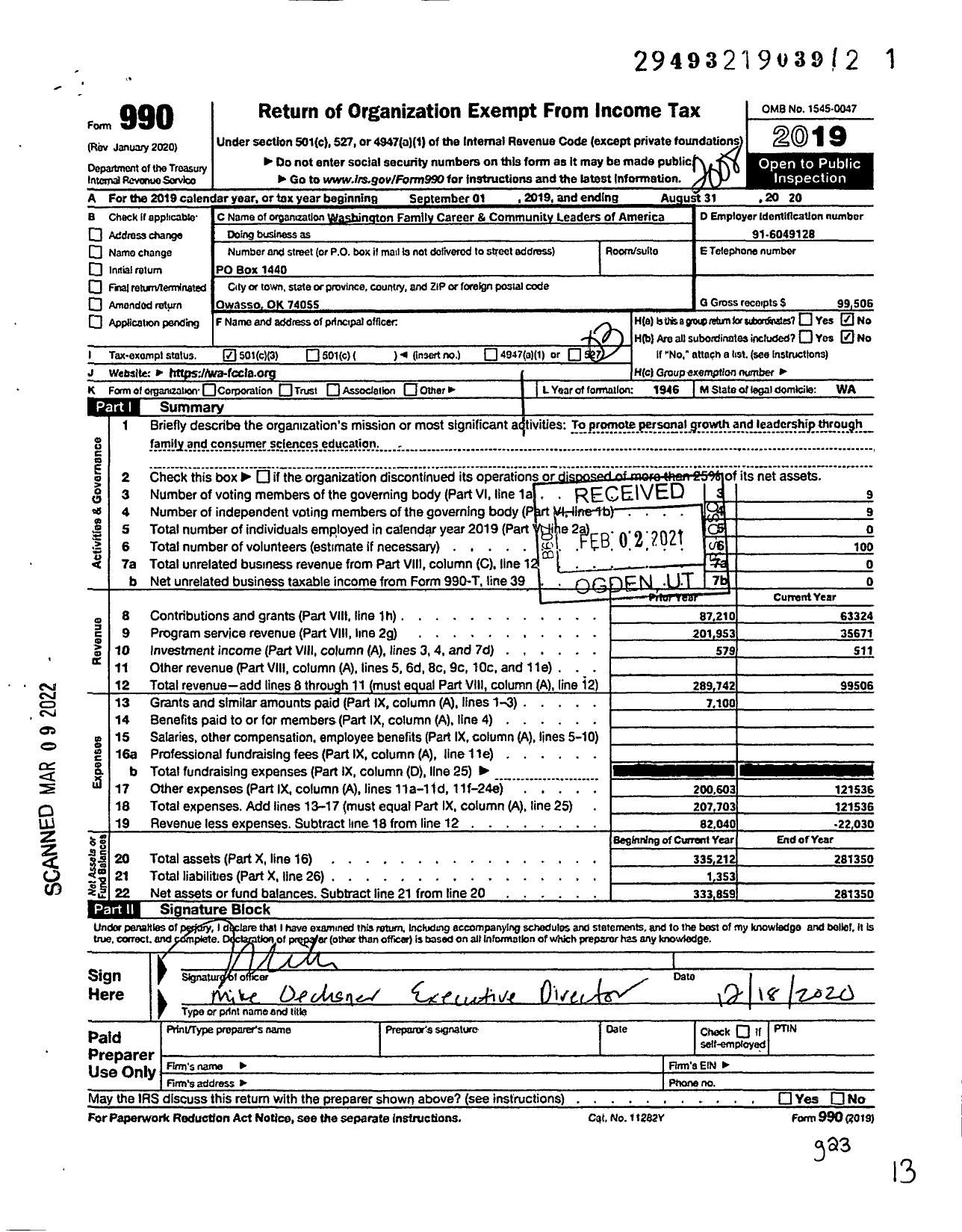 Image of first page of 2019 Form 990 for Family Career and Community Leaders of America / Washington Fccla