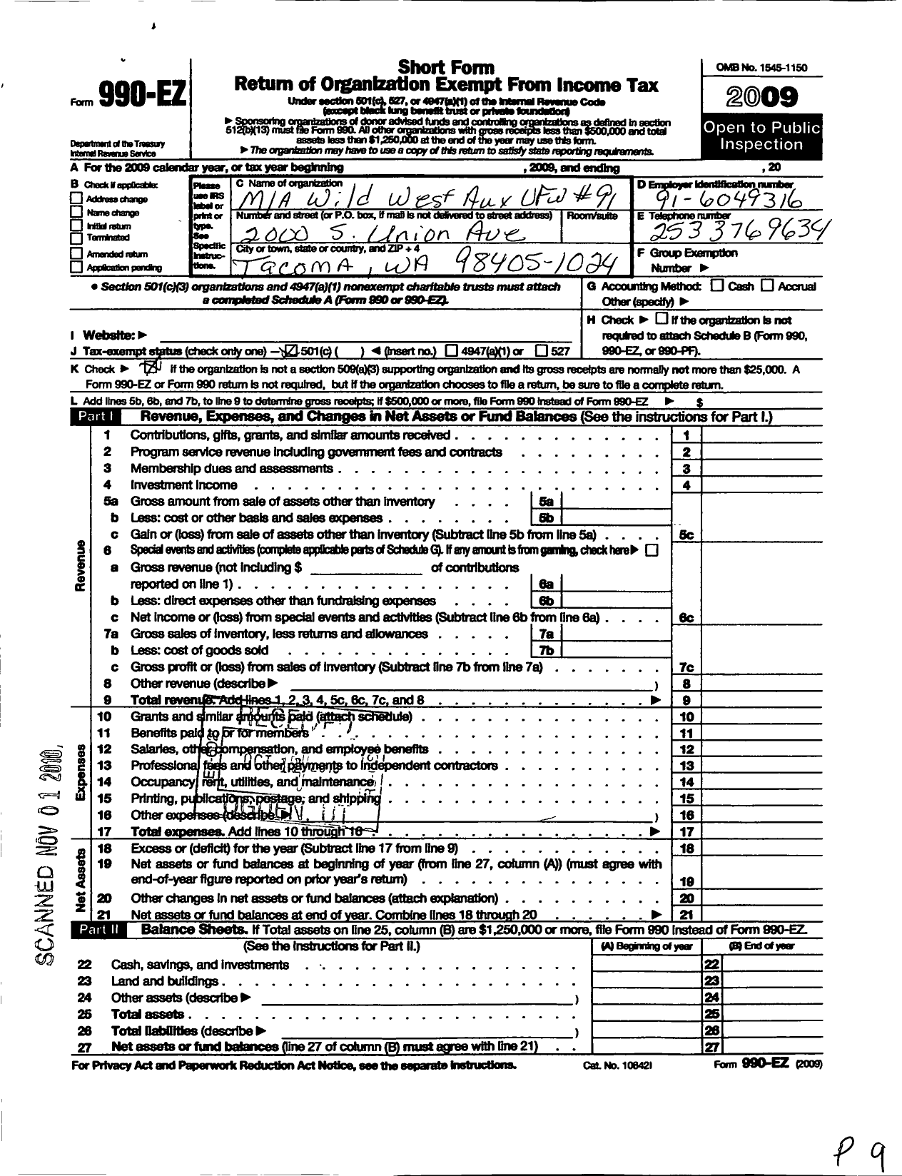 Image of first page of 2009 Form 990EO for Veterans of Foreign Wars Ladies Wild West Auxiliary