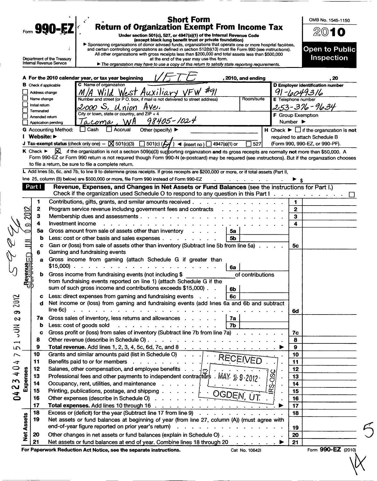 Image of first page of 2010 Form 990EO for Veterans of Foreign Wars Ladies Wild West Auxiliary