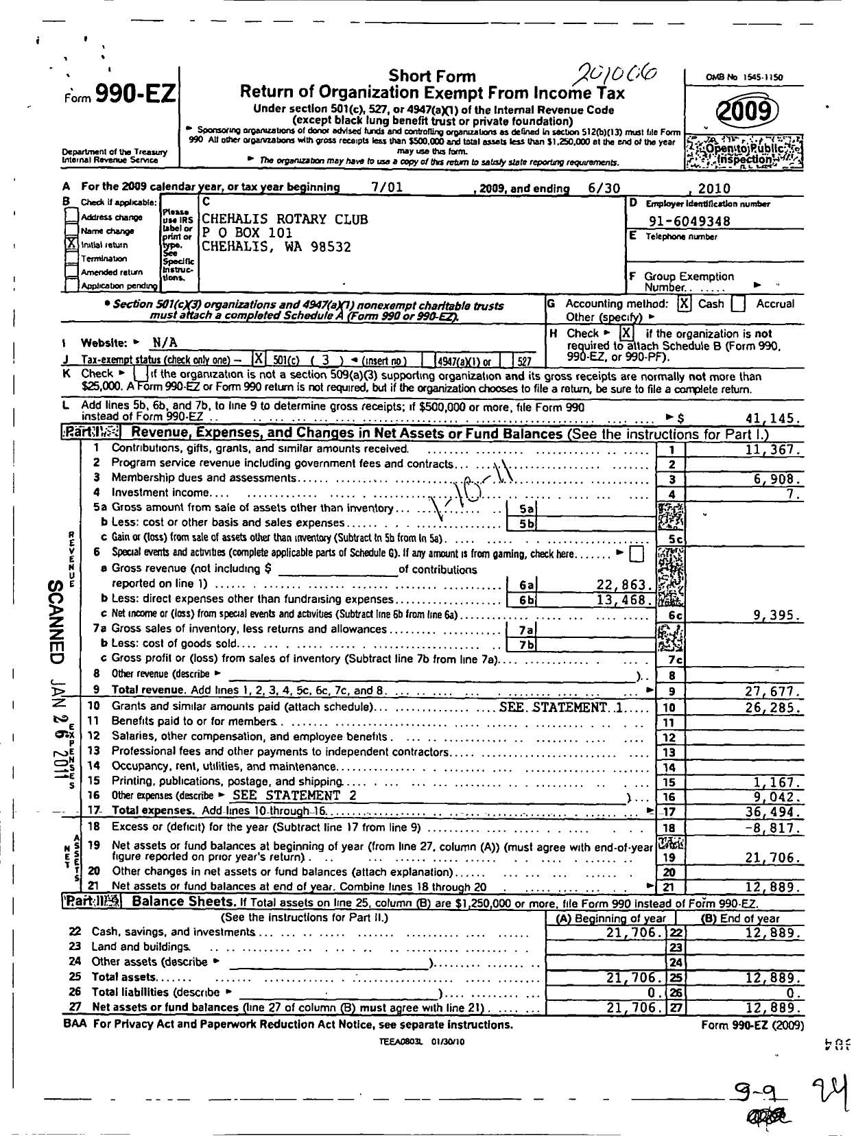 Image of first page of 2009 Form 990EZ for Rotary International - 814 Chehalis Club