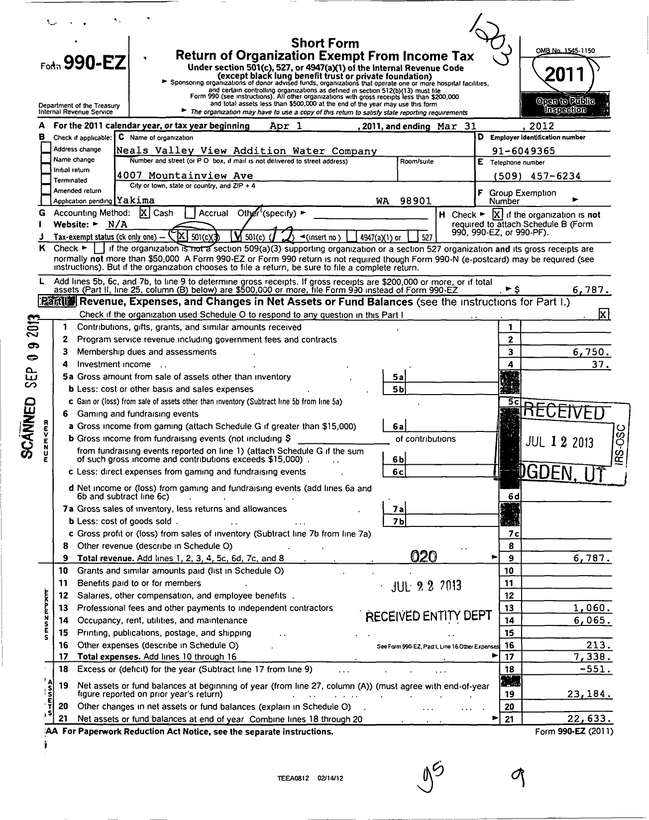 Image of first page of 2011 Form 990EO for Neals Valley View Addition Water Company