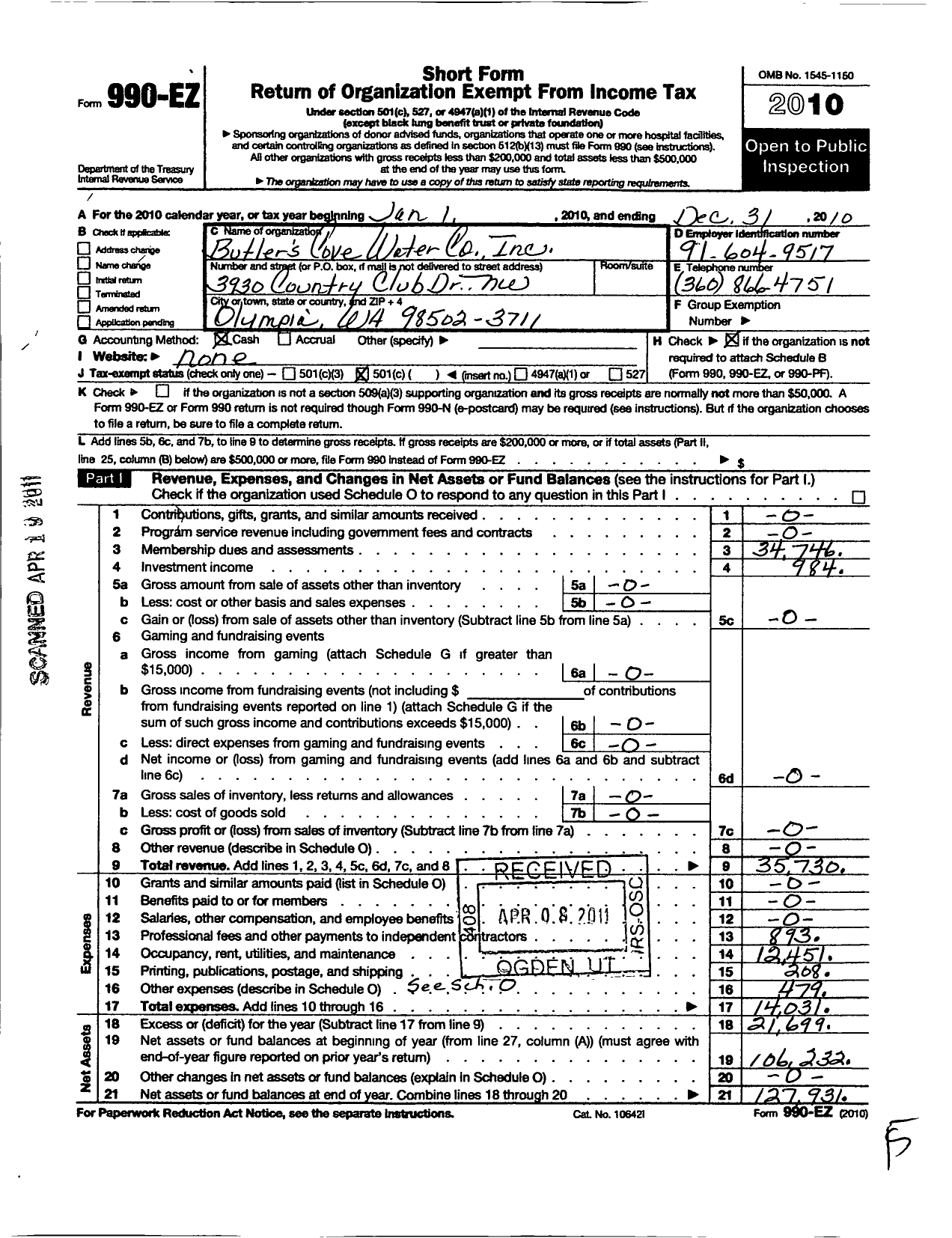 Image of first page of 2010 Form 990EO for Butlers Cove Water